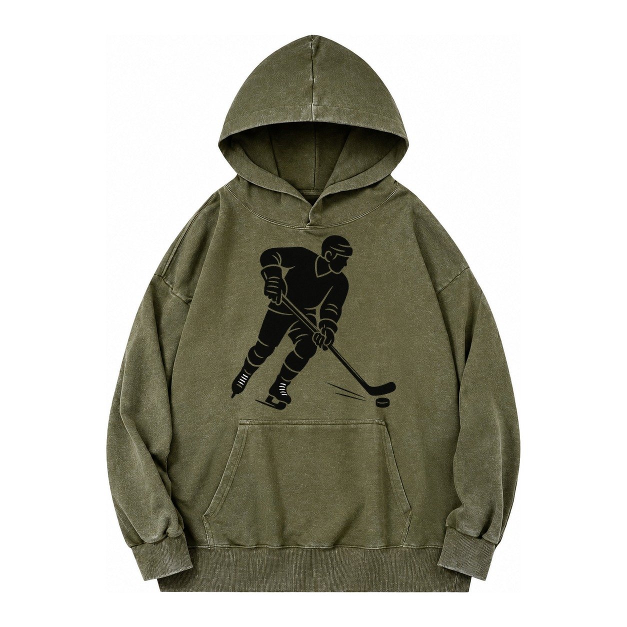 Ice Hockey Player Shooting Puck Vintage Washed Hoodie – Army Green