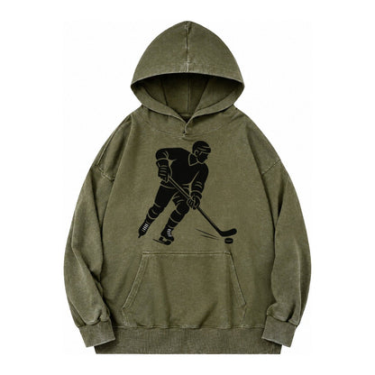 Ice Hockey Player Shooting Puck Vintage Washed Hoodie – Army Green