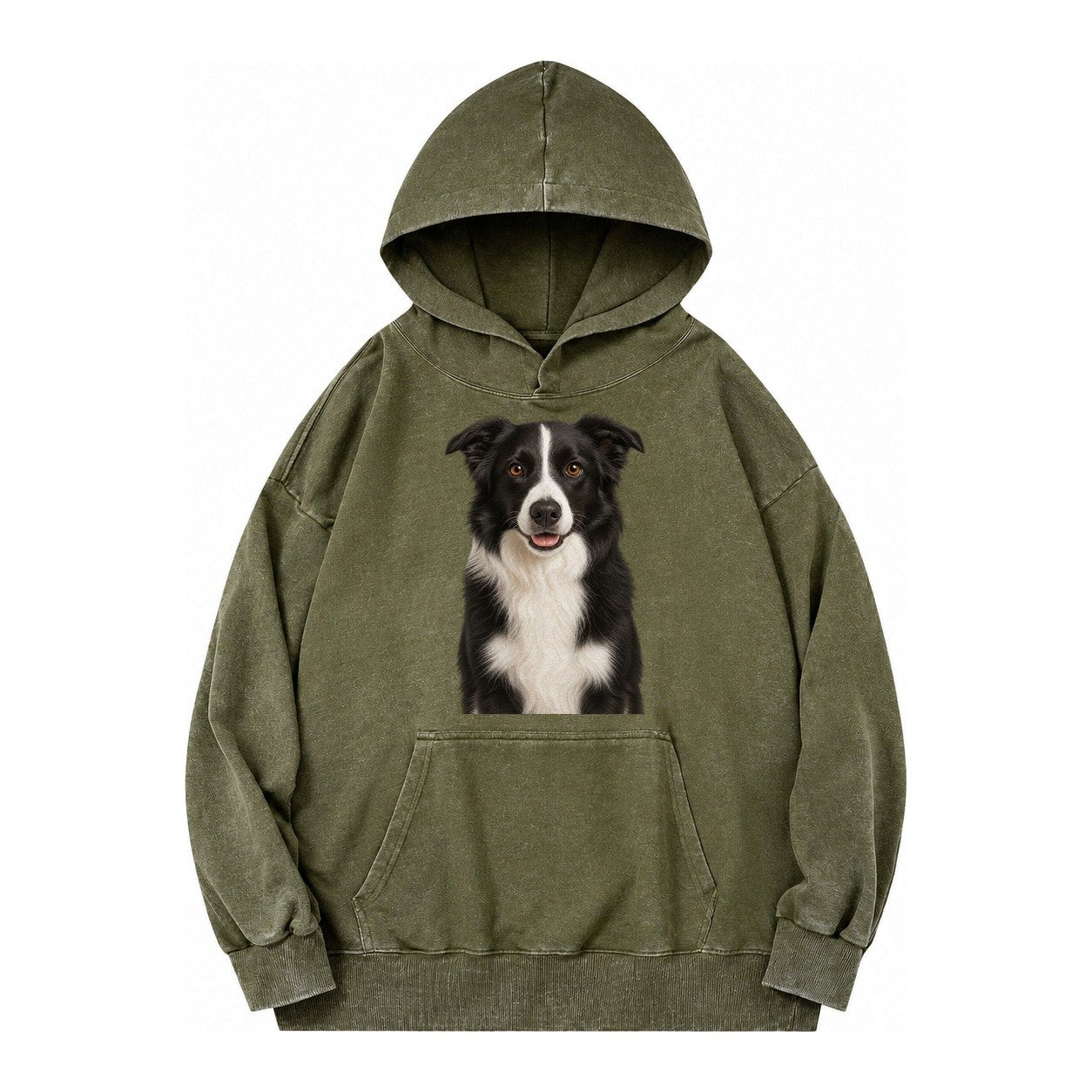 Border Collie Intelligent Companion Vintage Washed Hoodie – Army Green