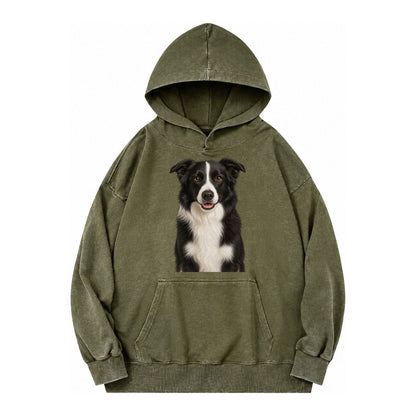 Border Collie Intelligent Companion Vintage Washed Hoodie – Army Green