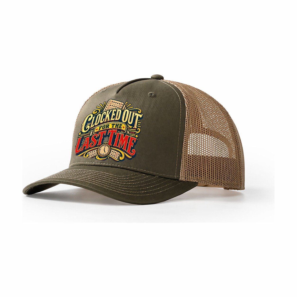 Clocked Out For The Last Time Retired Living Trucker Hat – Olive Khaki