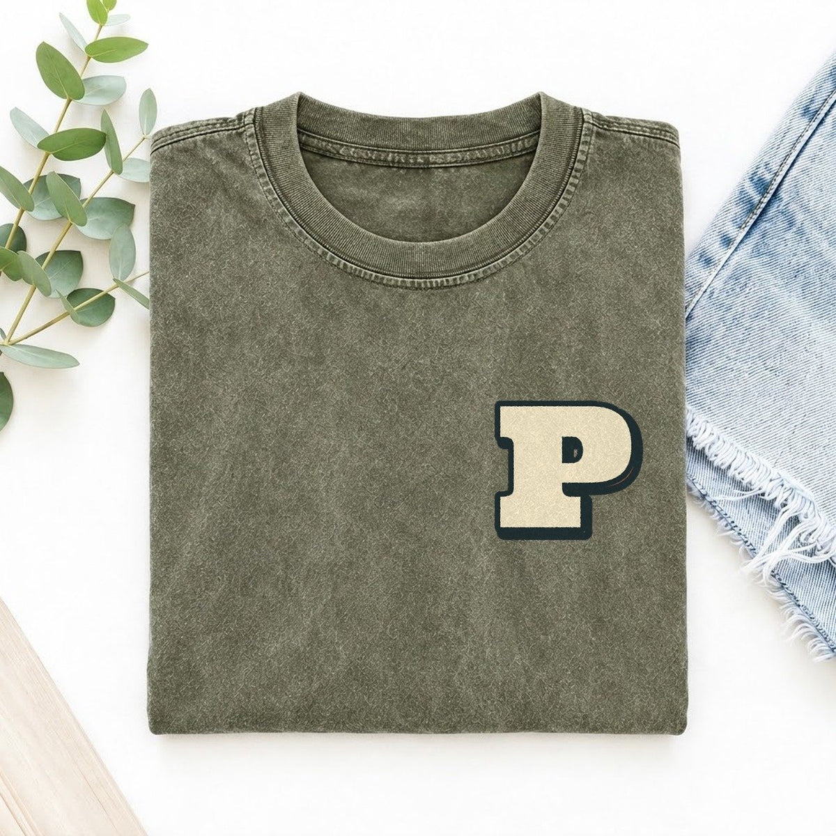 Initial P Left Chest Vintage T-shirt – Army Green