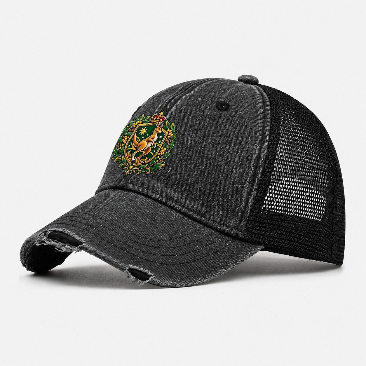 Australia Heraldic Crest Country Logos Washed Trucker Hat – Black