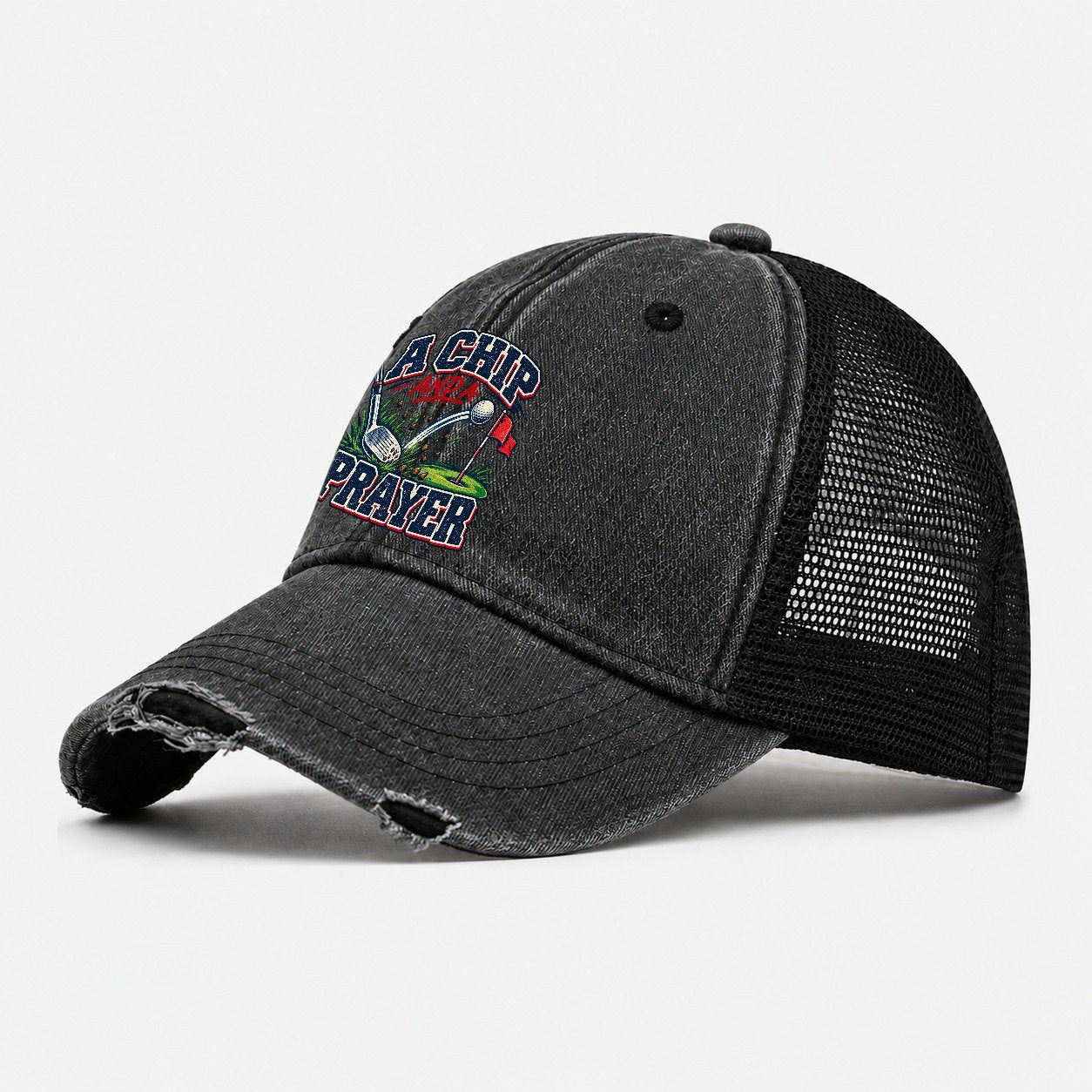 A Chip And A Prayer Golf Life Washed Trucker Hat – Black