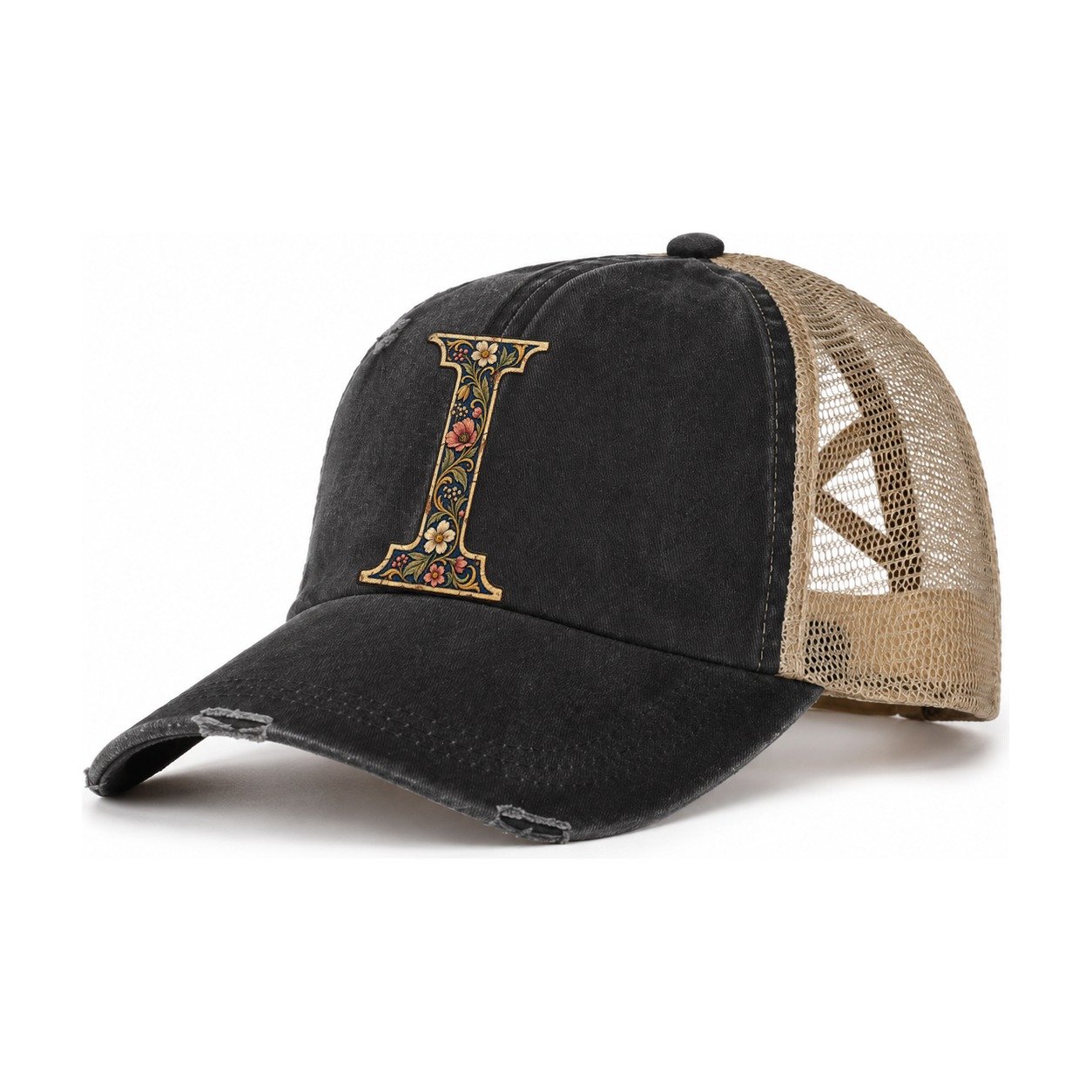Wildflower I Monogram Women's Ponytail Trucker Hat – Washed Black Khaki
