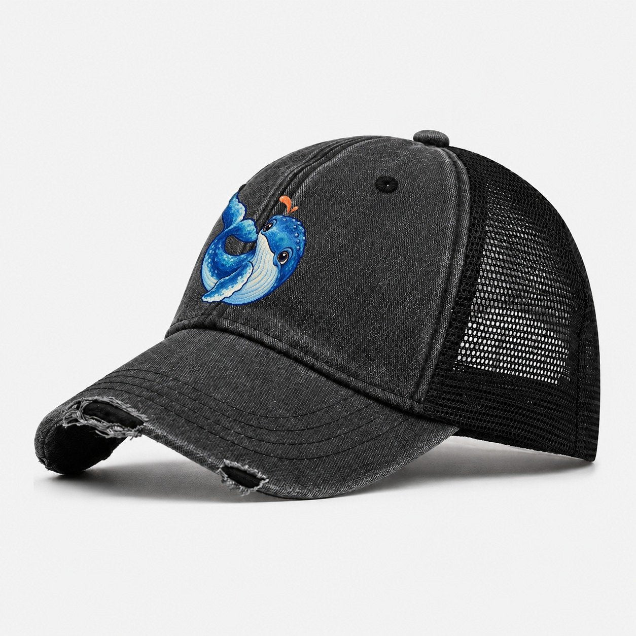 Humpback Whale Tail Curl Sea Sprite Washed Trucker Hat – Black