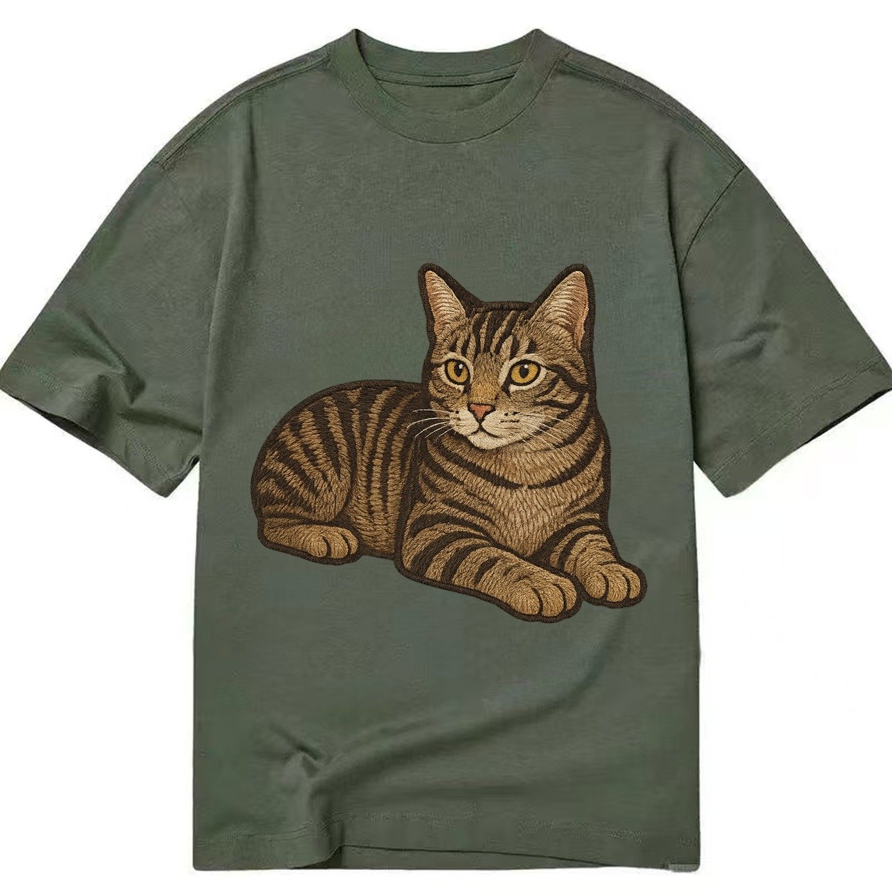 Manx Tailless Round Rump Relaxed Lying Down With Head Up Emb Classic T-shirt – Army Green