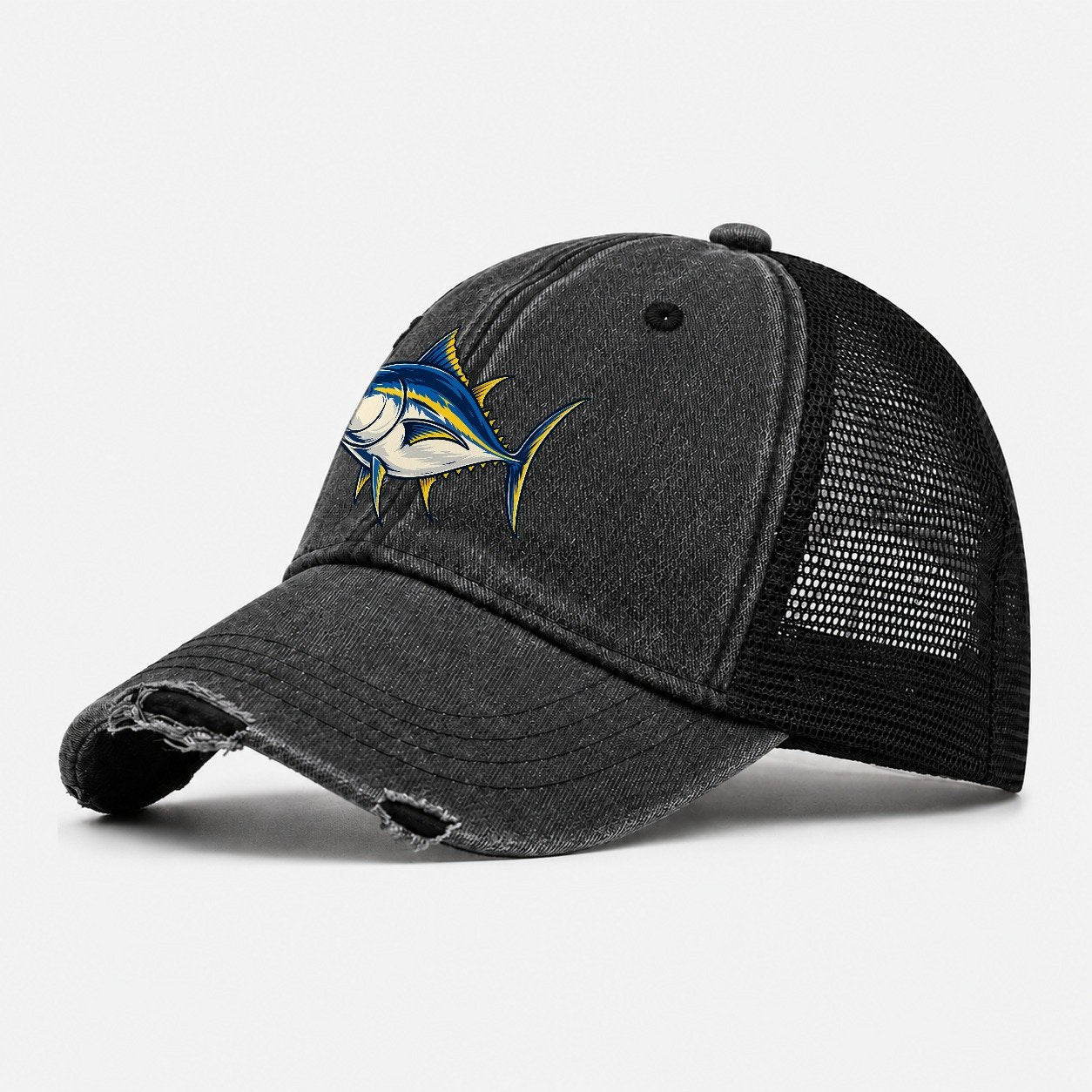 Tuna Silhouette Fishing Elegant Washed Trucker Hat – Black