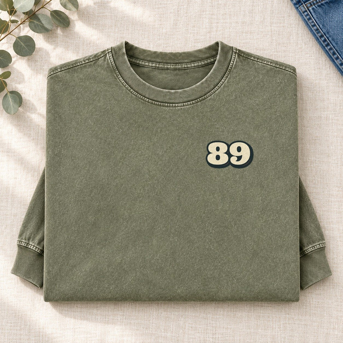 Number 89 Left Chest Washed Long Sleeve T-Shirt – Army Green