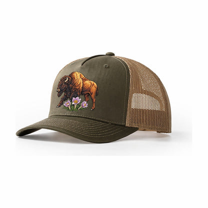 Wood Bison And Prairie Crocus Canada Cultural Icons Trucker Hat – Olive Khaki