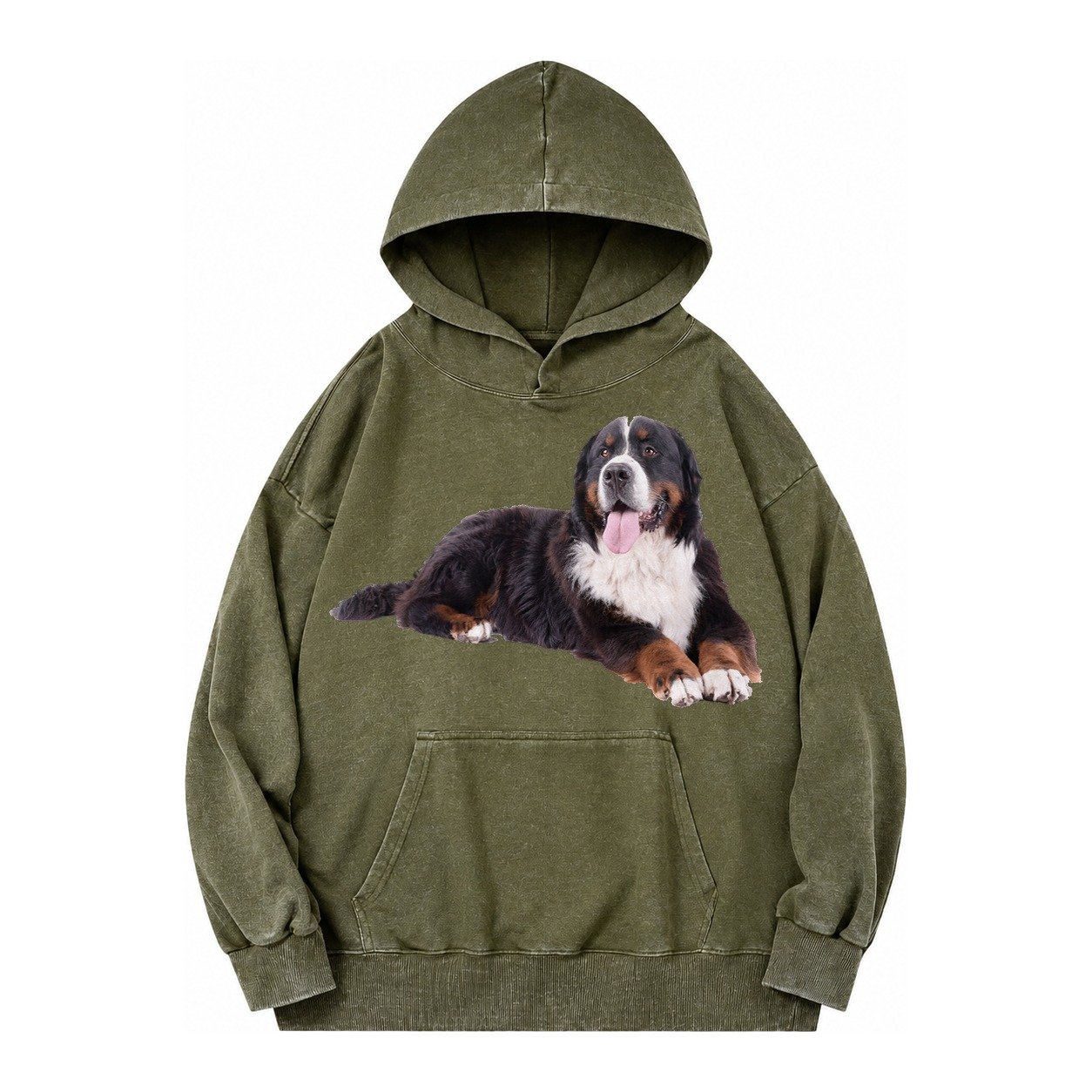 Bernese Mountain Dog Vintage Washed Hoodie – Army Green