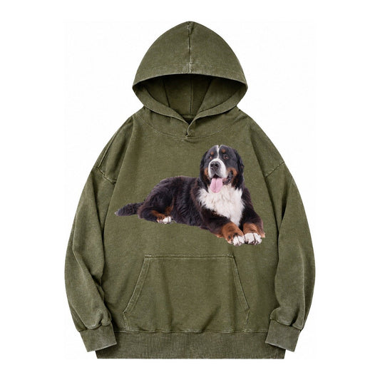 Bernese Mountain Dog Vintage Washed Hoodie – Army Green