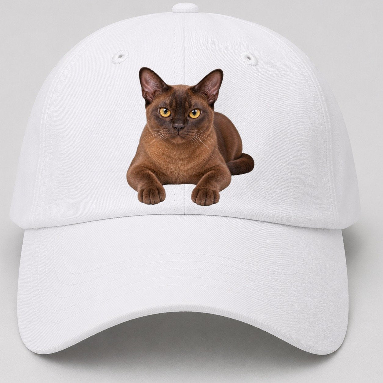 Burmese Reclining Paws Forward Realistic Cat Portrait Baseball Cap – White