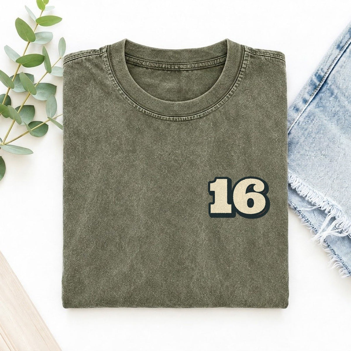 Number 16 Left Chest Vintage T-shirt – Army Green