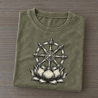 Buddhist Eight Spoke Wheel World Faiths Ink Figures Vintage T-shirt – Army Green