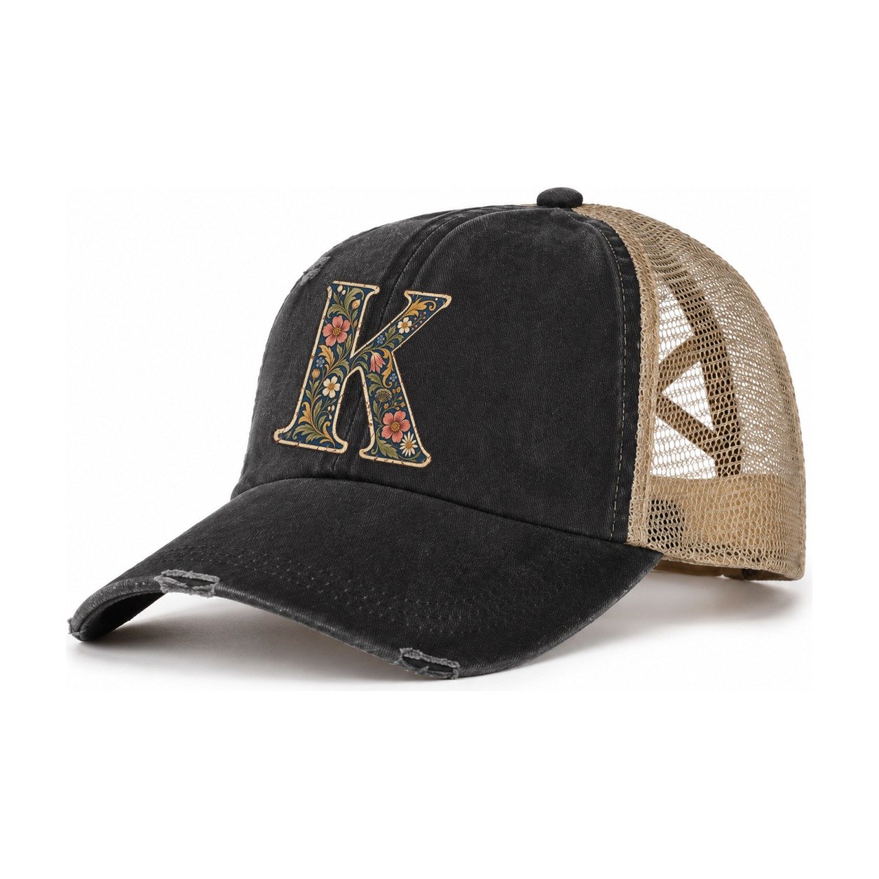 Wildflower K Monogram Women's Ponytail Trucker Hat – Washed Black Khaki
