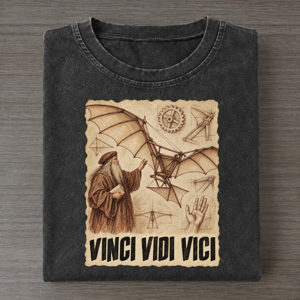 Vinci Vidi Vici Flying Machine Study Art Pun Vintage T-shirt – Black