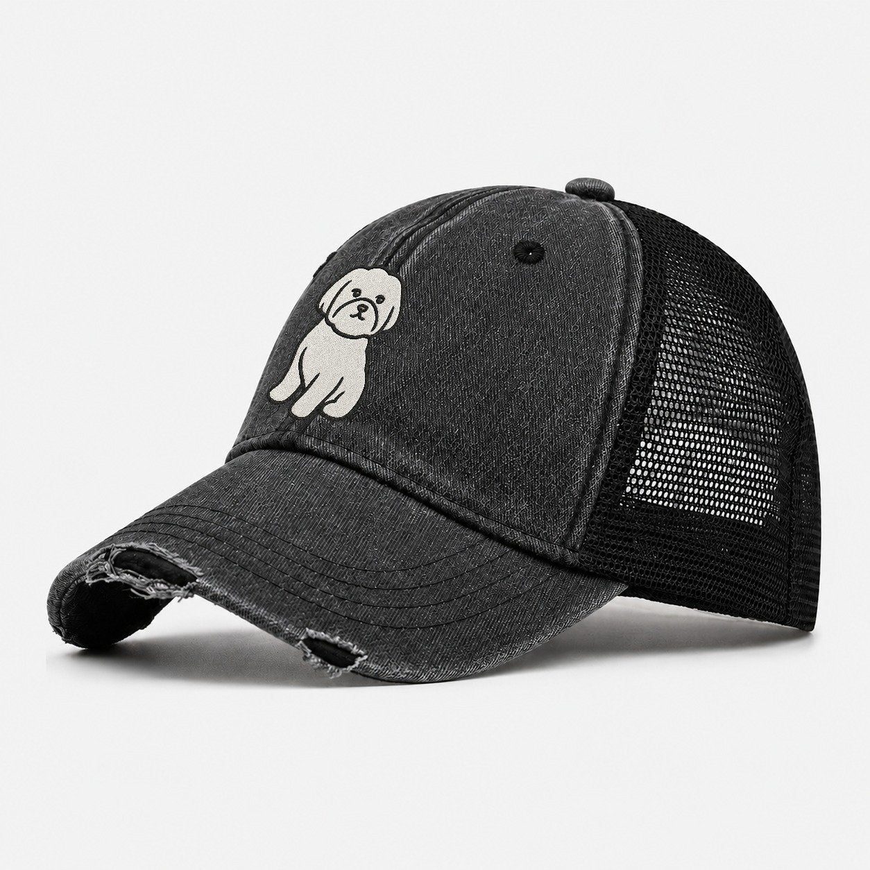 Maltese Pure White Fluffy Embroidered Design Washed Trucker Hat – Black