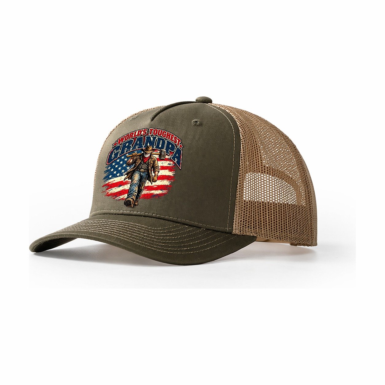 World S Toughest Grandpa Old Man Strong Trucker Hat – Olive Khaki