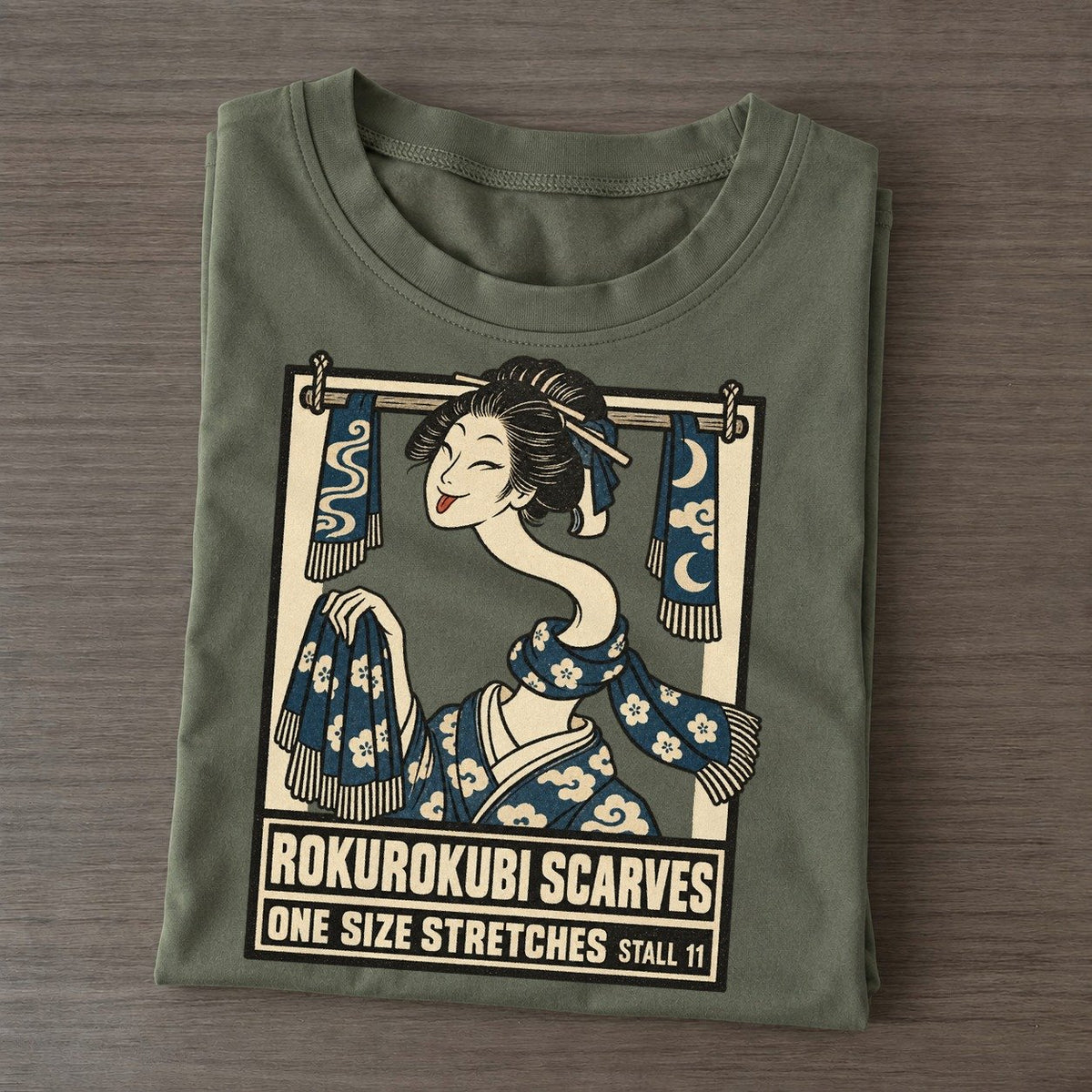 Rokurokubi Scarves Yokai Night Market Classic T-shirt – Army Green