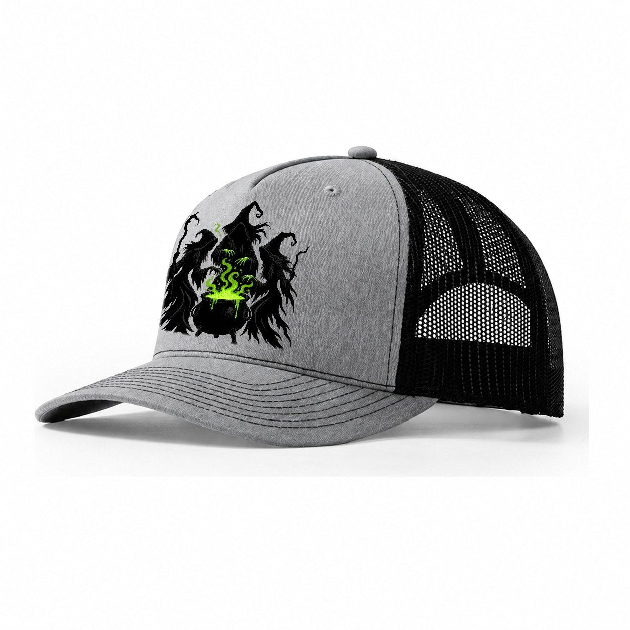 Three Weird Sisters Witch Magic Trucker Hat – Sport Grey Black