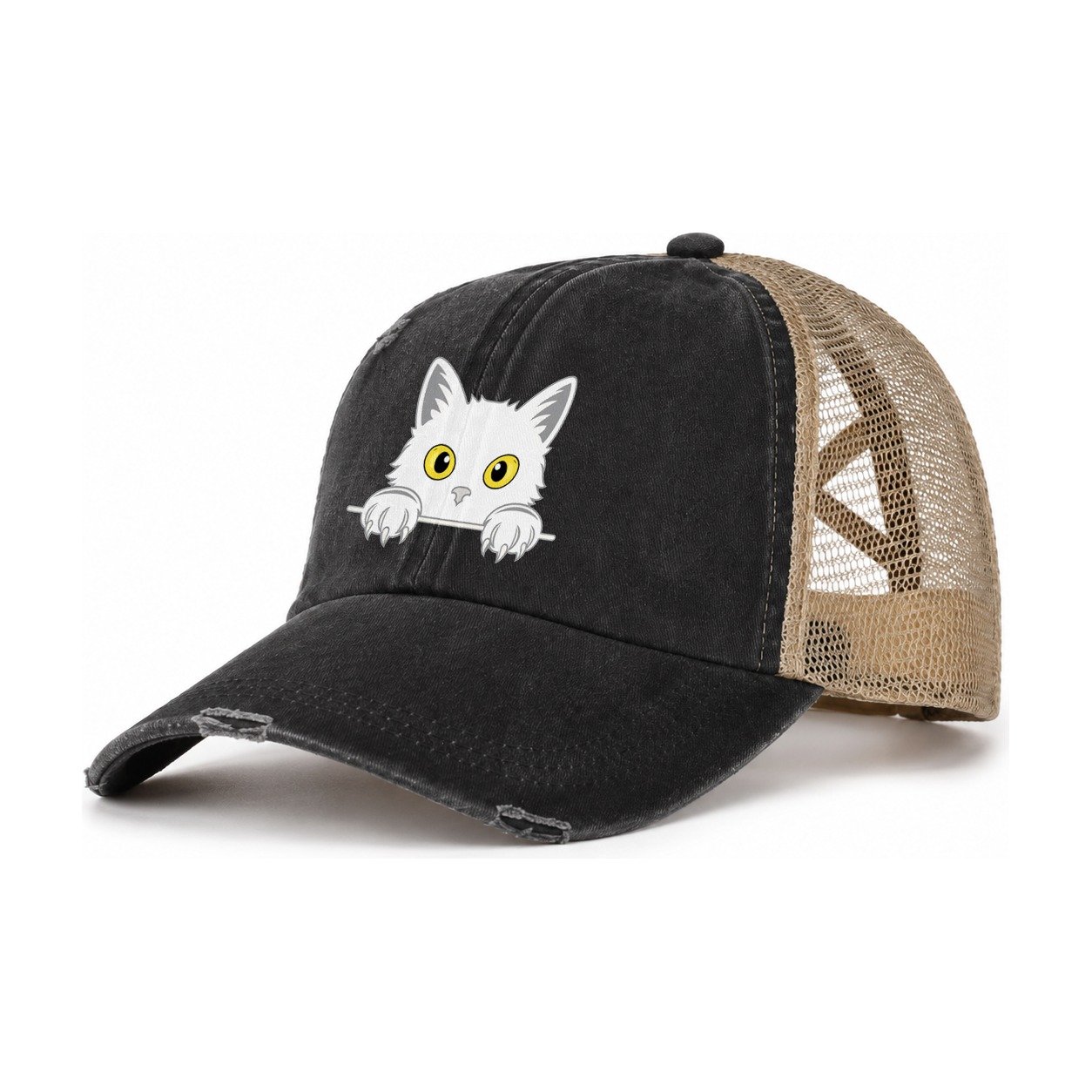 Black Cat Women's Ponytail Trucker Hat – Washed Black Khaki