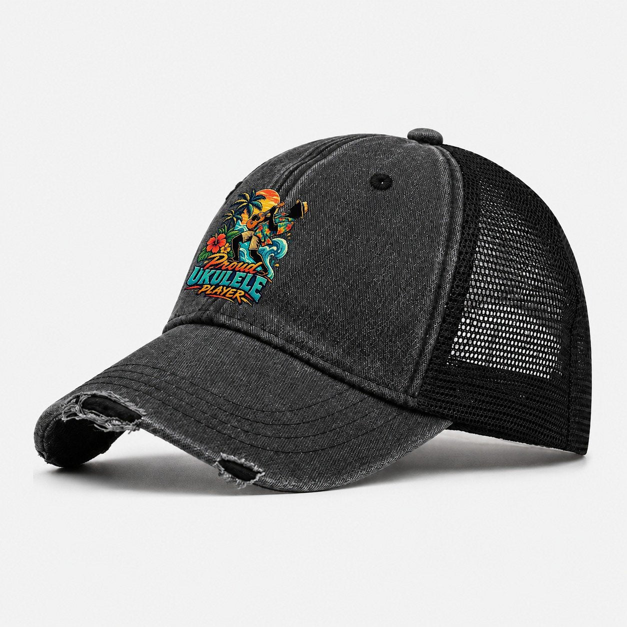 Proud Ukulele Player Music Instruments Washed Trucker Hat – Black
