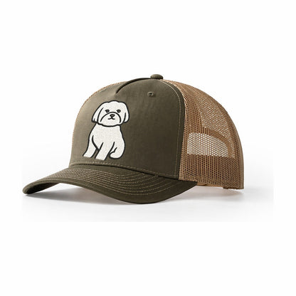 Maltese Pure White Fluffy Embroidered Design Trucker Hat – Olive-Khaki
