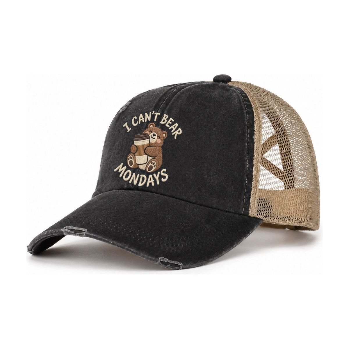 Bear Animal Puns Women's Ponytail Trucker Hat – Washed Black Khaki