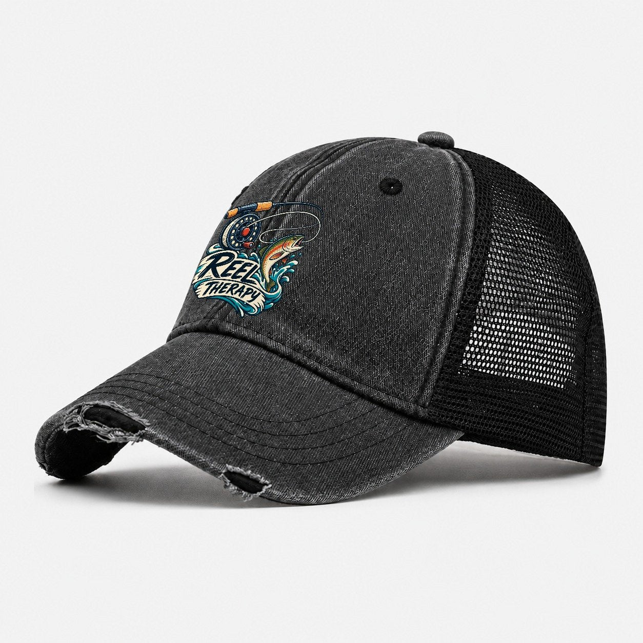 Reel Therapy Fishing Elegant Washed Trucker Hat – Black