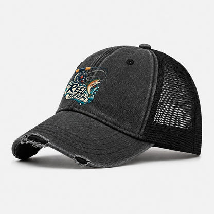 Reel Therapy Fishing Elegant Washed Trucker Hat – Black