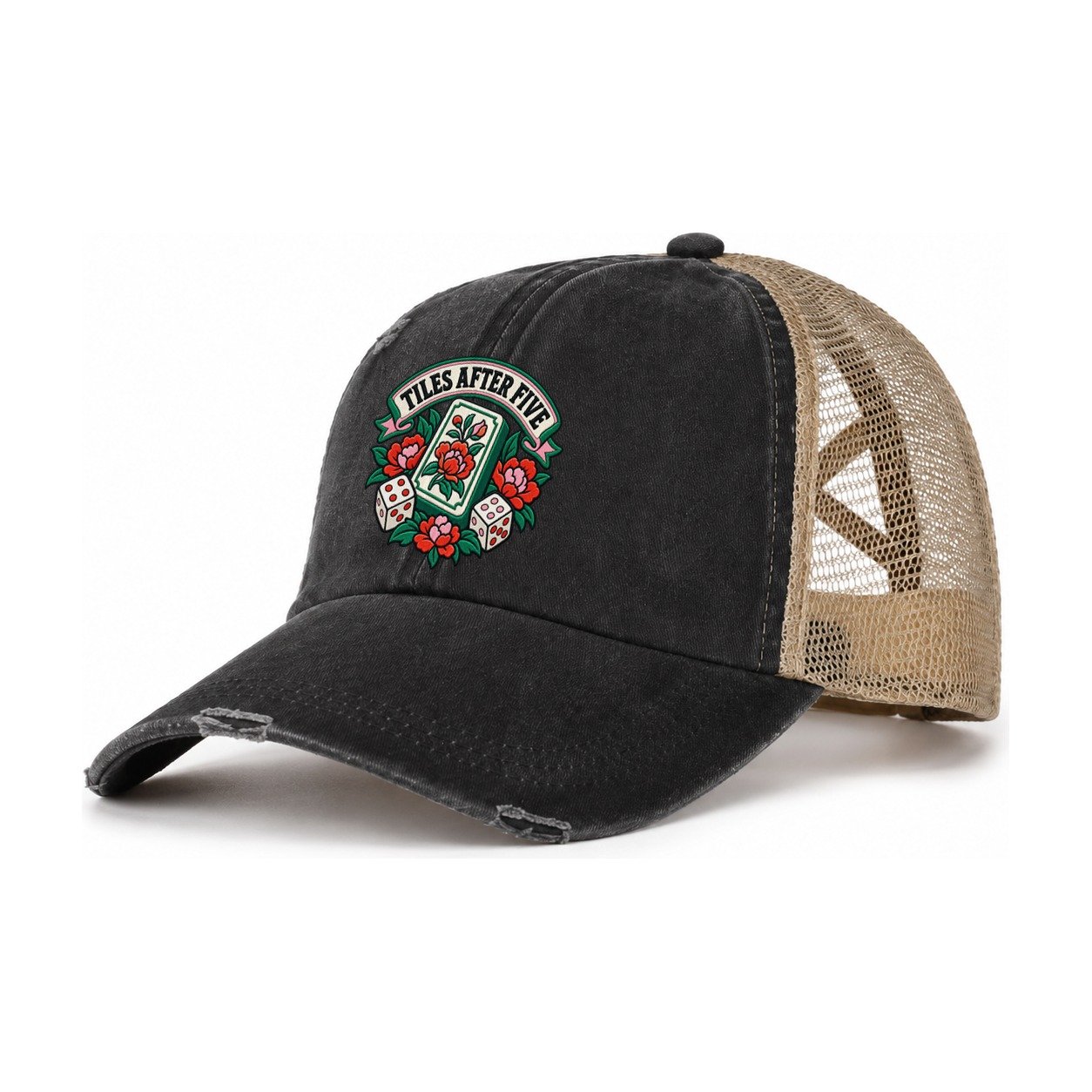 Tiles After Five Mahjong Game Night Women's Ponytail Trucker Hat – Washed Black Khaki