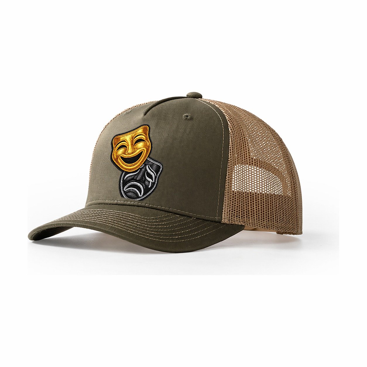 Broadway Masks Comedy Tragedy Masks In Gold And Black Theate Trucker Hat – Olive-Khaki