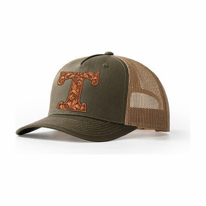 Tooled Leather T Monogram Trucker Hat – Olive Khaki