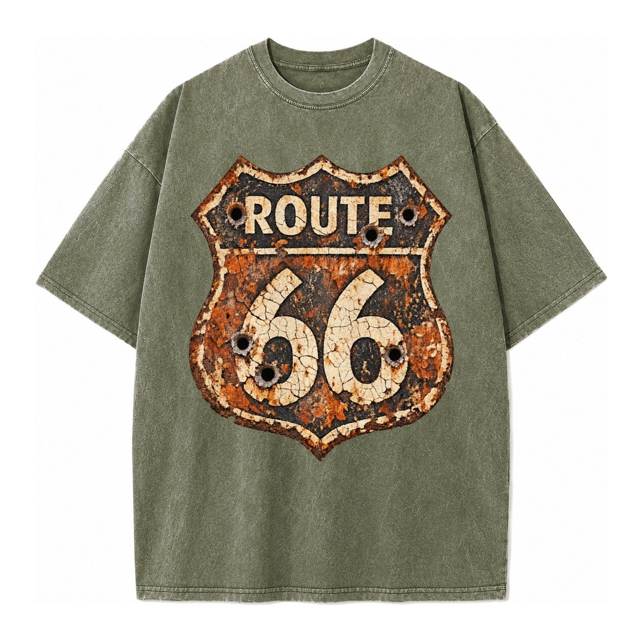 Weathered Marker Rust Aged Route 66 Sign Desert Sun Bleached Vintage T-shirt – Army Green