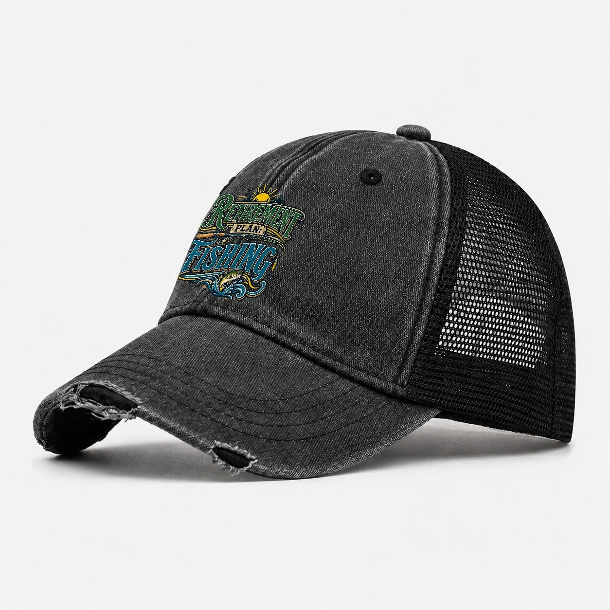 Retirement Plan Fishing Retired Living Washed Trucker Hat – Black