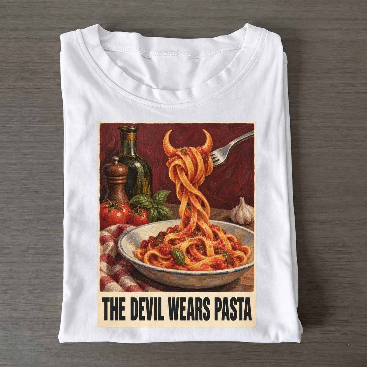 The Devil Wears Pasta Painted Pop Culture Pun Classic T-shirt – White