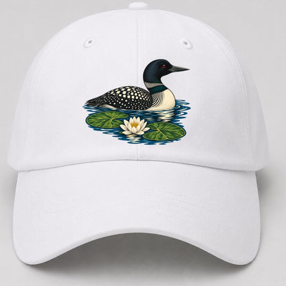 Common Loon And Water Lilies Canada Cultural Icons Baseball Cap – White