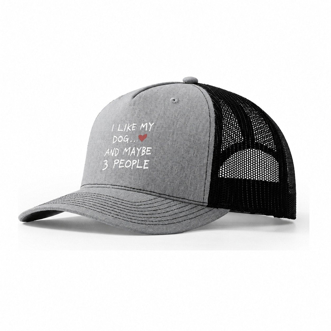 I Like My Dog And Maybe 3 People Trucker Hat – Sport Grey Black