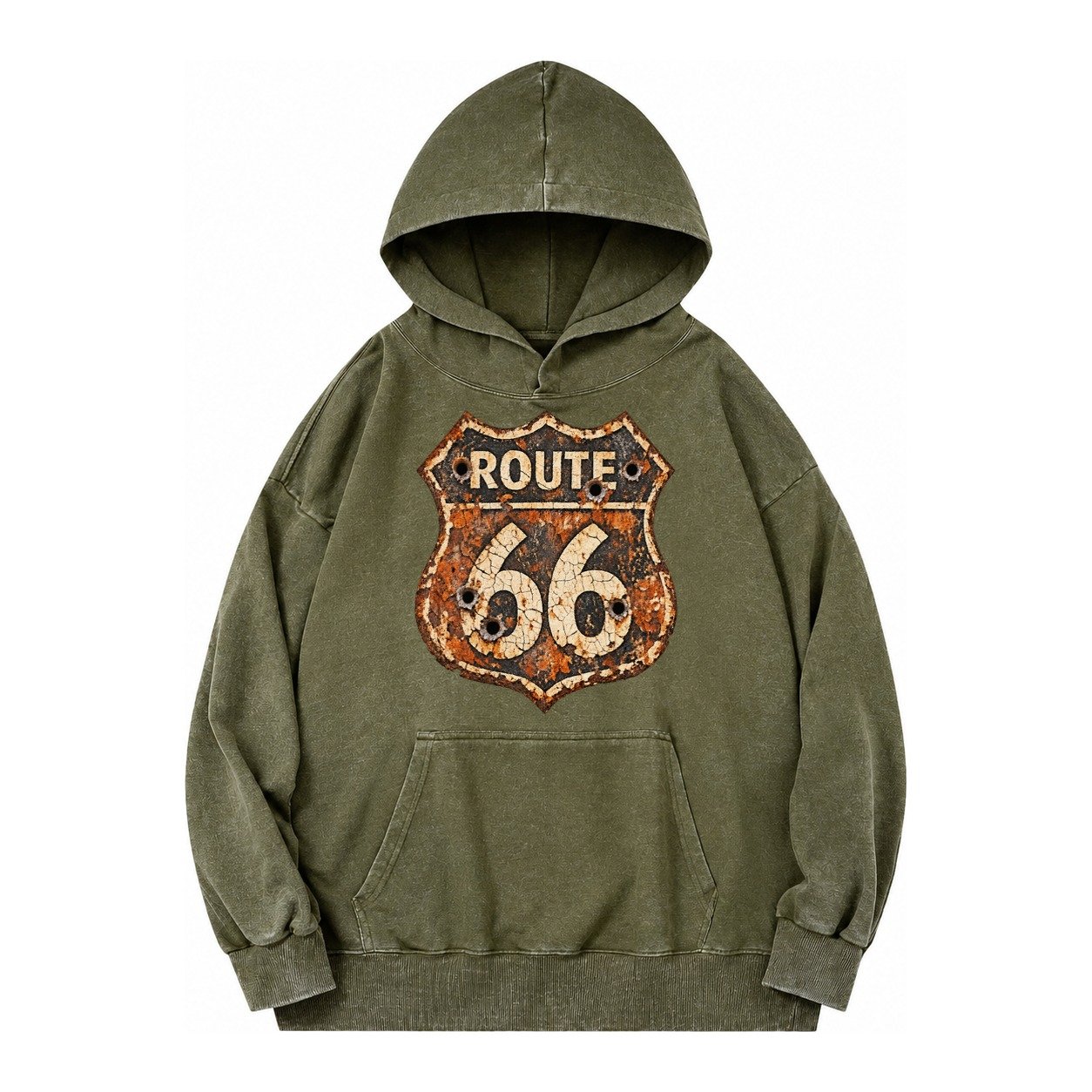 Weathered Marker Rust Aged Route 66 Sign Desert Sun Bleached Vintage Washed Hoodie – Army Green