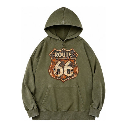 Weathered Marker Rust Aged Route 66 Sign Desert Sun Bleached Vintage Washed Hoodie – Army Green