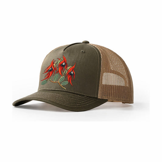 South Australia Sturt Desert Pea Cluster Australia Cultural Icons Trucker Hat – Olive Khaki