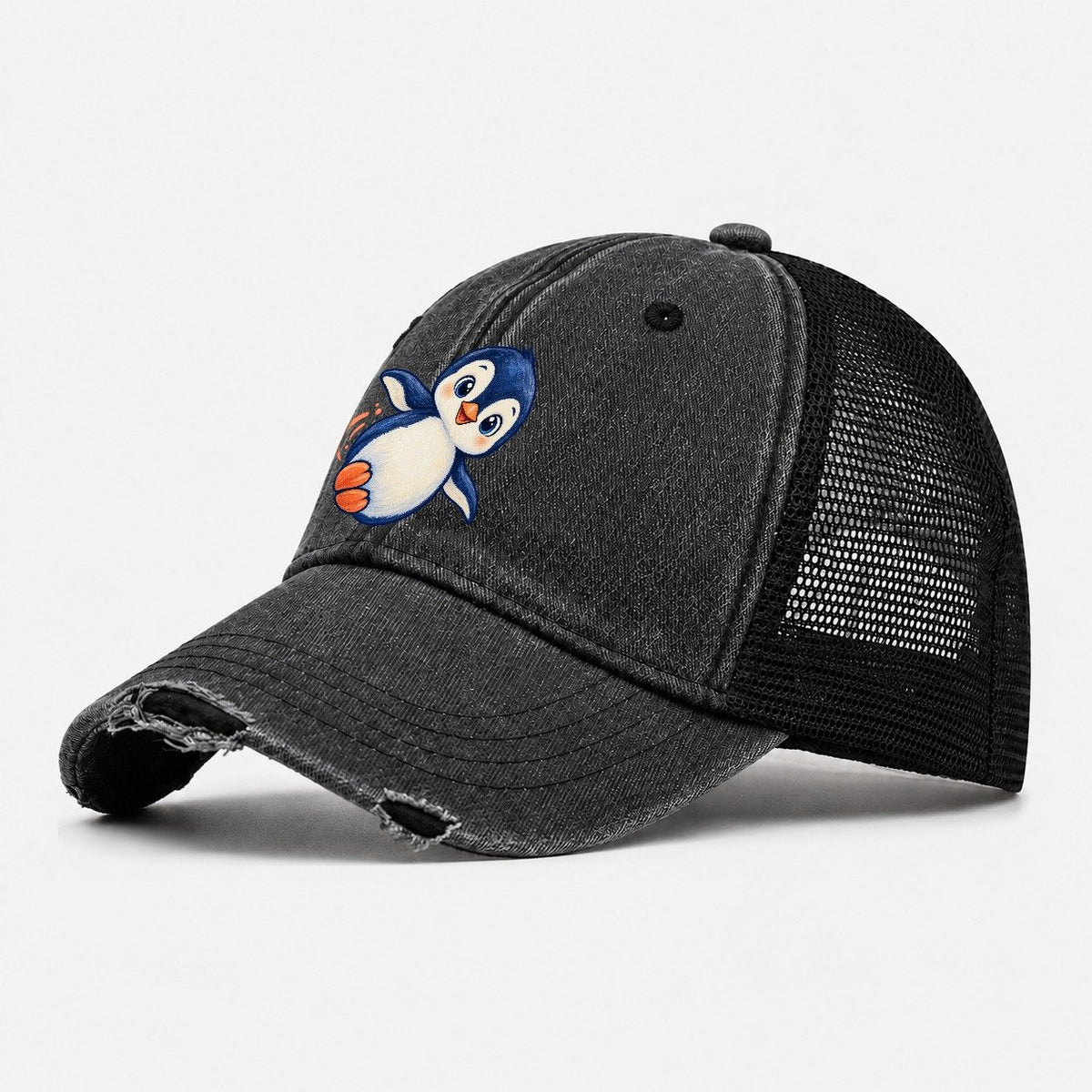 Penguin Side Slide Sea Sprite Washed Trucker Hat – Black