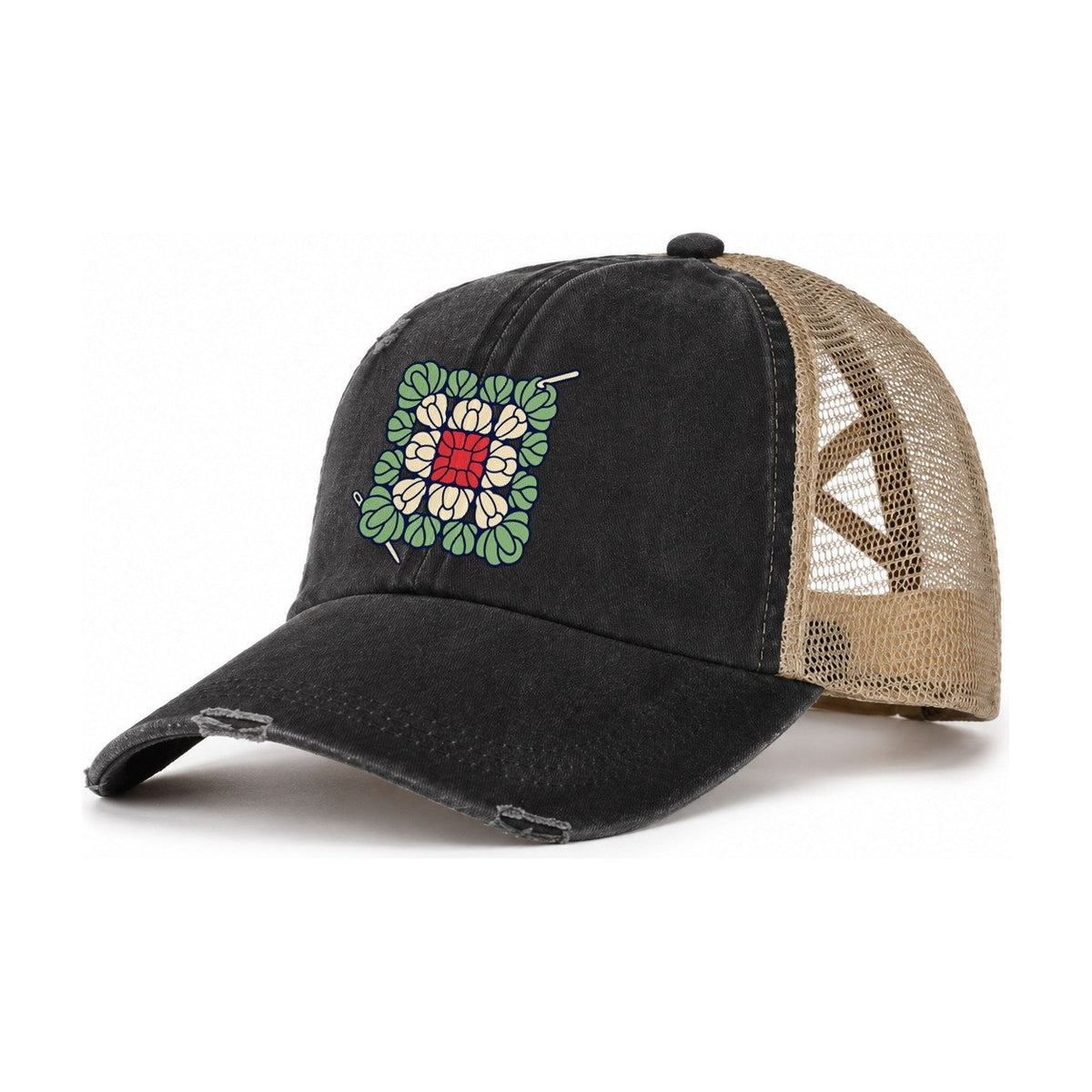 Granny Square Mosaic Yarn Crafts Women's Ponytail Trucker Hat – Washed Black Khaki