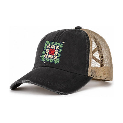 Granny Square Mosaic Yarn Crafts Women's Ponytail Trucker Hat – Washed Black Khaki