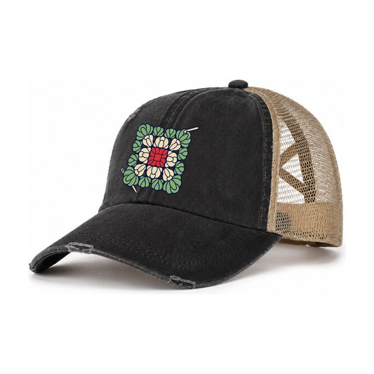 Granny Square Mosaic Yarn Crafts Women's Ponytail Trucker Hat – Washed Black Khaki