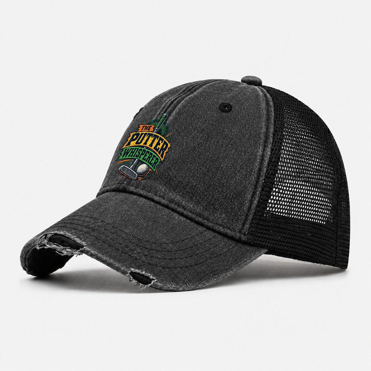 The Putter Whisperer Golf Life Washed Trucker Hat – Black