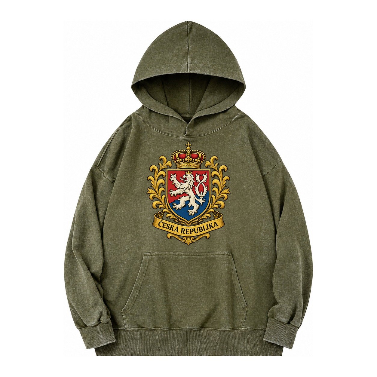 Czech Republic Lion Vintage Washed Hoodie – Army Green