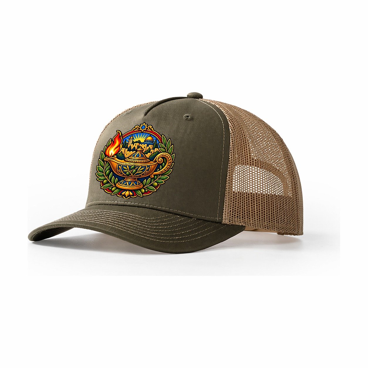 Ancient Oil Lamp Jerusalem Trucker Hat – Olive Khaki