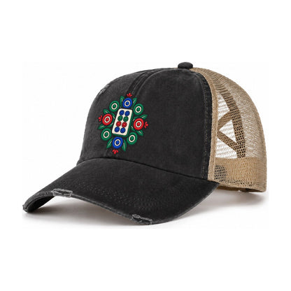 Eight Dot Bloom Mahjong Game Night Women's Ponytail Trucker Hat – Washed Black Khaki